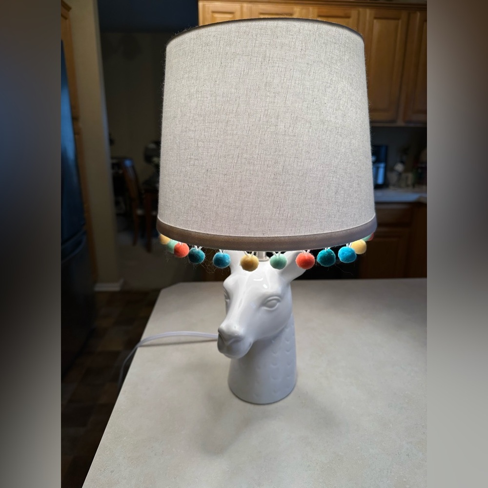 White Ceramic Llama Alpaca Table Lamp Ball-Fringed Shade